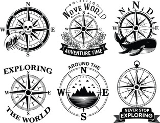 Set of vintage nautical compass and adventure travel emblems featuring exploration themes, skull waves, mountains, whales, and retro typography designs © Najmul