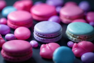 Fototapeta premium Whimsical pastel sweets and candies scattered artfully with soft light and bokeh, creating a playful and sweet aesthetic. Artful scattering of pastel colored macarons, jelly beans, and lollipops with
