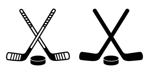 Crossed hockey sticks with puck vector illustration showing black sports symbol for winter game and athletic competition, perfect for team tournament, training design, and ice sport concept art