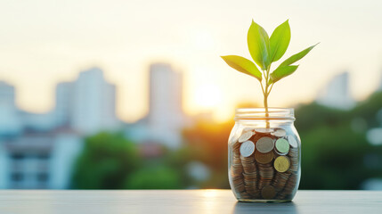 Lush green plant growing in jar of coins on wooden floor in natural sunset with city view background. Financial growth and savings and investment concept