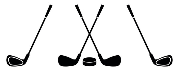 Stylish collection of golf club equipment vector illustrations showing different club head angles and crossed shapes, ideal for tournament branding, sport logo, or professional golfing design use