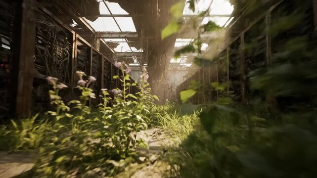 Abandoned server hall overtaken by tall grass and plants. Derelict data center reclaimed by nature in ruined tech facility. Atmospheric exploration footage of urban decay and wilderness growth.