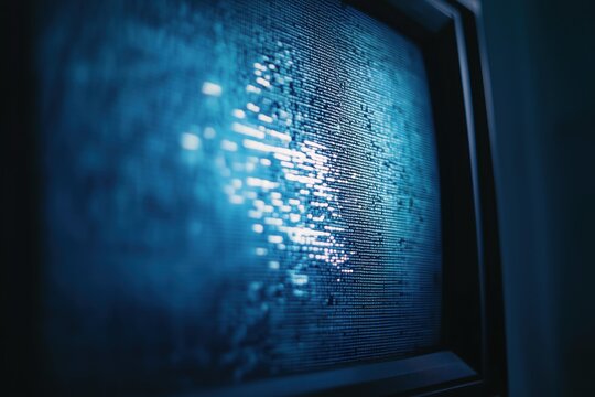 Close up photo of an old tv screen with interference pattern. White noise, error glitch, blue light. - Powered by Adobe