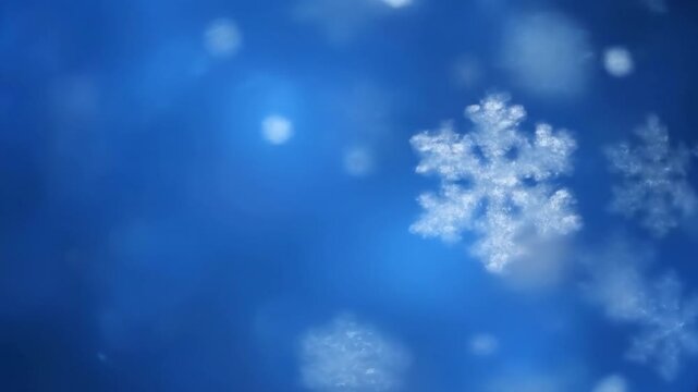 Delicate snowflakes gracefully fall against soft blue background, showcasing intricate patterns that evoke serene winter atmosphere filled with beauty of nature and cold seasons charm