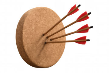 Arrows striking cork target representing business goals, achievement, precision, accuracy, and success on transparent background