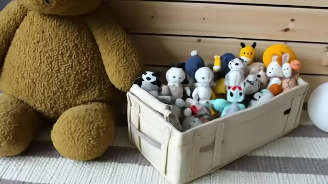 A large teddy bear sits beside a wooden chest filled with plush toys and a white sphere