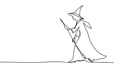 Continuous Line Art Witch with Broomstick