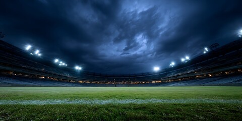 Empty Professional Football Stadium with Floodlights Illuminating the Field Under a Dramatic Night Sky