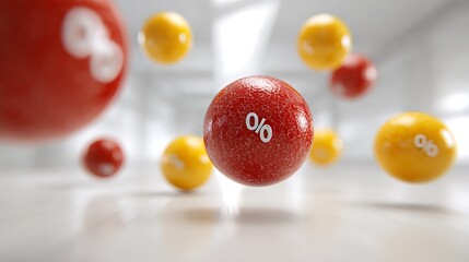 3D Illustration of Floating Red and Yellow Spheres with Percentage Signs for Sales and Discounts