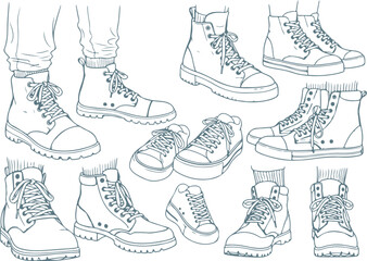 Vector art of collection of eleven different shoe and boot illustrations