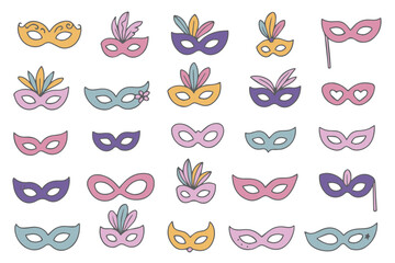A set of colorful masquerade masks. A collection of doodle-style carnival masks.