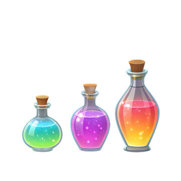 Collection of three magical fantasy potion bottles with glowing multicolored liquid and cork stoppers isolated on transparent background