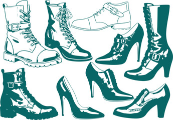 Vector art of collection of various boot and shoe styles, including high heels and combat boots