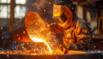 Molten metal, smelting, pouring, casting, foundry, sparks, industrial