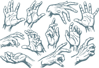 Vector art of set of hand gesture drawings showing different poses and movements