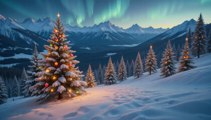 nowy mountain landscape with pine trees decorated with ornaments, Northern Lights in the sky 