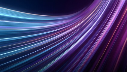 Abstract flowing lines of vibrant blue and purple light trails create a dynamic and energetic visual effect against a dark background suggesting motion and technology