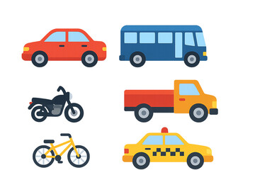 Fototapeta premium Flat Land Transport Vehicles Illustration Set | Car, Bus, Motorcycle, Truck, Bicycle, Taxi