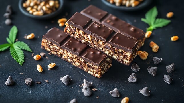 Protein bars with chocolate and marijuana on a dark background