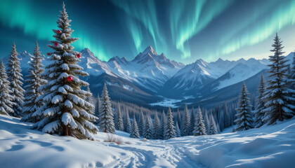 nowy mountain landscape with pine trees decorated with ornaments, Northern Lights in the sky 