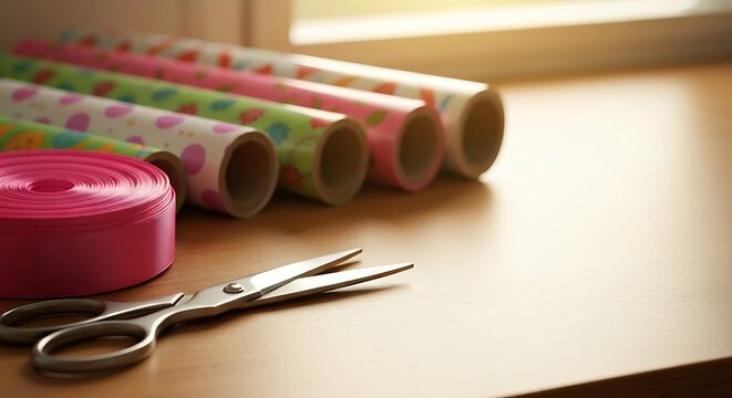 Gift wrapping supplies on a table near a window with natural light.