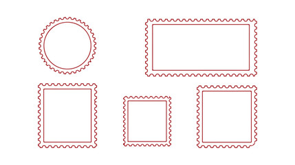 Postage stamp frames. An empty border template for postcards and letters. Blank vintage postage stamps in rectangle, circle, and square shapes with perforated edges. Vector illustration 