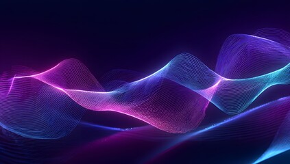 Abstract digital visualization of flowing luminous particles creating vibrant undulating waves of magenta and cyan light against a dark background