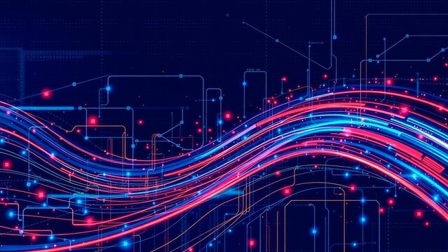 Abstract Data Streams Futuristic Network Visualization with Red and Blue Lines
