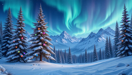 nowy mountain landscape with pine trees decorated with ornaments, Northern Lights in the sky 