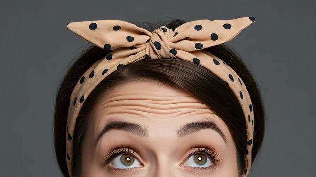 Woman wearing a polka dot headband looking up with curiosity