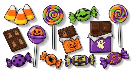 Bright Halloween Candy Cartoon Set Pumpkin Chocolates, Striped Lollipops, Bat Candy, Treats Vector​