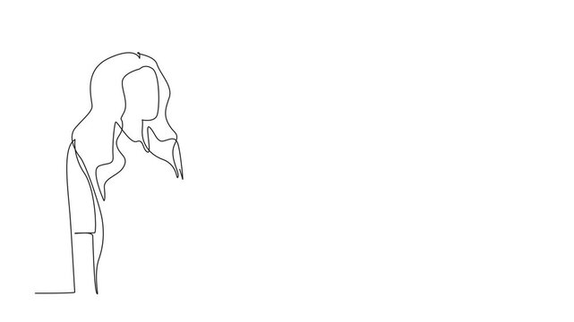 Animated self drawing of single continuous line drawing woman with red hair. Stay beautiful with any model and hair. The first impression is always tempting. World Redhead Day. Full length animation
