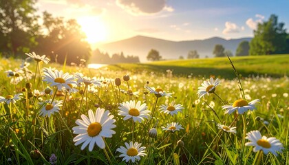 Daisy Meadow at Sunrise - A Serene Landscape.
