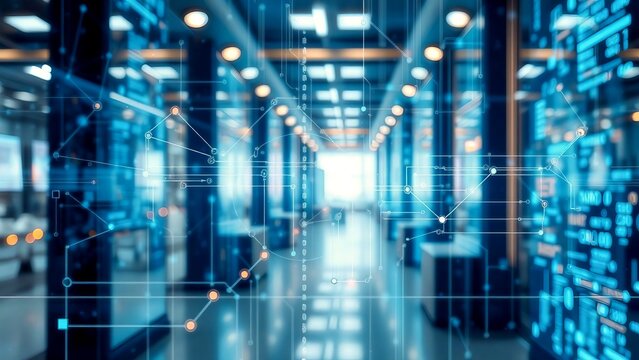 Advanced technology data center interior with servers and network cables illuminated by blue light, showcasing digital information flow and connectivity