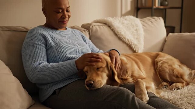 Bald african american woman cancer patient comforted by golden retriever therapy dog on couch. Pet therapy emotional support session with dog resting on lap. Healing interaction footage.