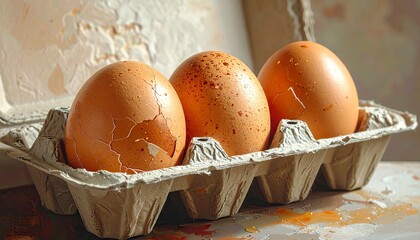 Damaged Eggs in a Carton - A Close-Up of Imperfect Eggs.