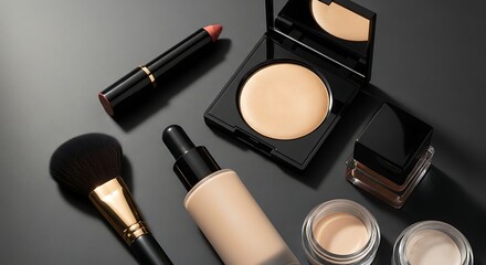 Luxury Cosmetic Essentials - Foundation, Powder, Lipstick, Brush, Concealer on Dark Background.