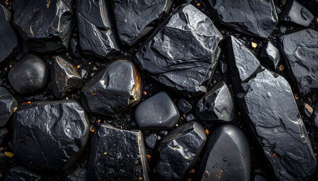 A high-angle shot of a collection of dark, smooth rocks of various sizes, some showing slight orange hues. They are arranged on dark gravel