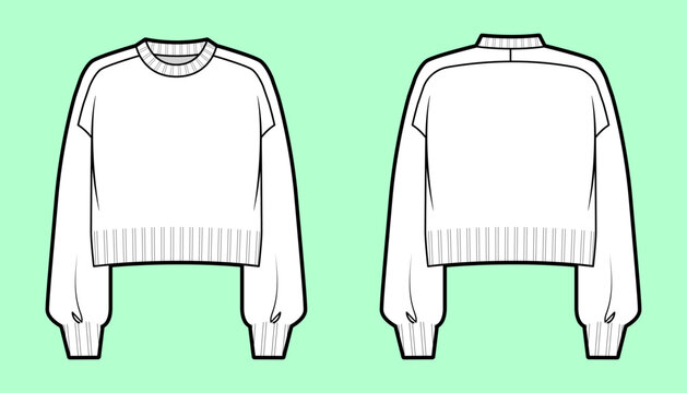 Cropped Balloon-Sleeve Sweater Flat Sketch – Front & Back View with Ribbed Finishes & Yoke Detail