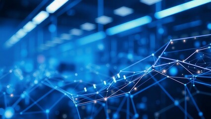 Obraz premium Abstract futuristic background with a glowing blue plexus network structure, representing global communication, big data, and technology