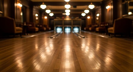 Vintage bowling alley with polished wooden floor and warm ambient lighting for commercial usage and mockups