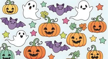 Halloween Seamless Pattern Cute Ghosts, Pumpkins, Bats & Stars Cartoon Vector
