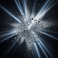 Silver Particle Burst – Abstract Explosion of Metallic  particles and silver dust illuminated by light beams.