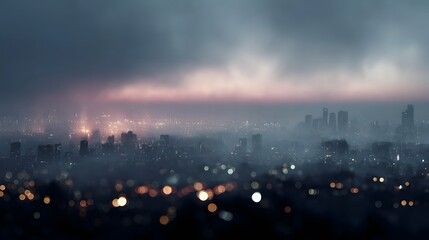 A moody fog laden city skyline illuminated by distant bokeh lights at twilight