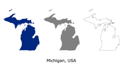 Michigan map set. Michigan USA map vector. Michigan map on navy, gray, and outline