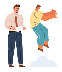 Serious manager reviewing a report while another person leaps into the air, symbolizing creativity and ambition. Ideal for leadership, innovation, teamwork, growth, success, motivation, career