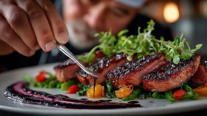 Chef plating gourmet dish with grilled meat vegetables and greens