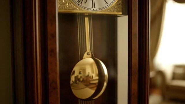 Wooden grandfather clock with pendulum gold details interior close up