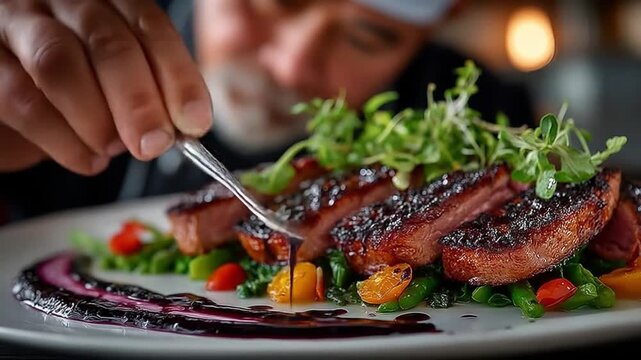 Chef plating gourmet dish with grilled meat vegetables and greens