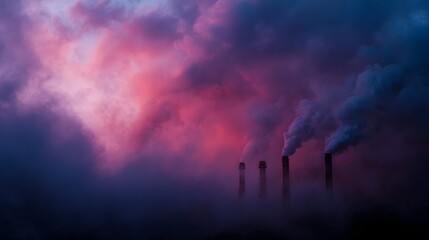Obraz premium Industrial smokestacks spew smoke into a vividly colored twilight sky